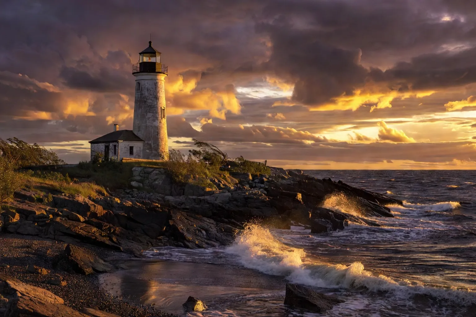 Phare du Bas-Saint-Laurent au coucher du soleil sur le fleuve