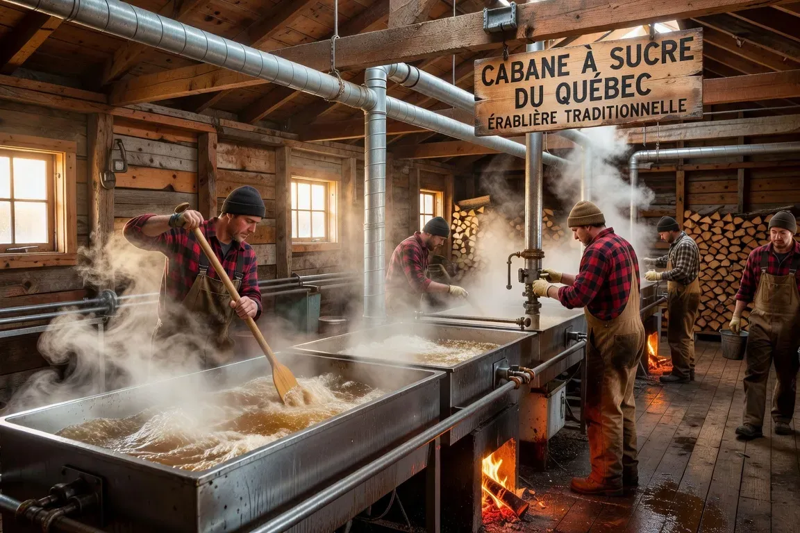 Intérieur d'une cabane à sucre lors de l'ébullition du sirop