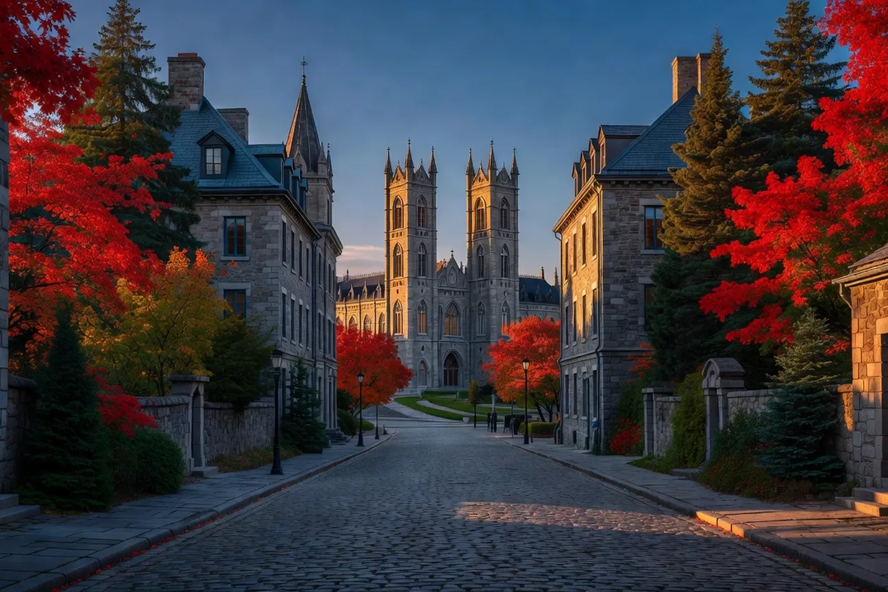 Vue du Vieux-Montréal et de ses rues pavées avec la basilique Notre-Dame en arrière-plan