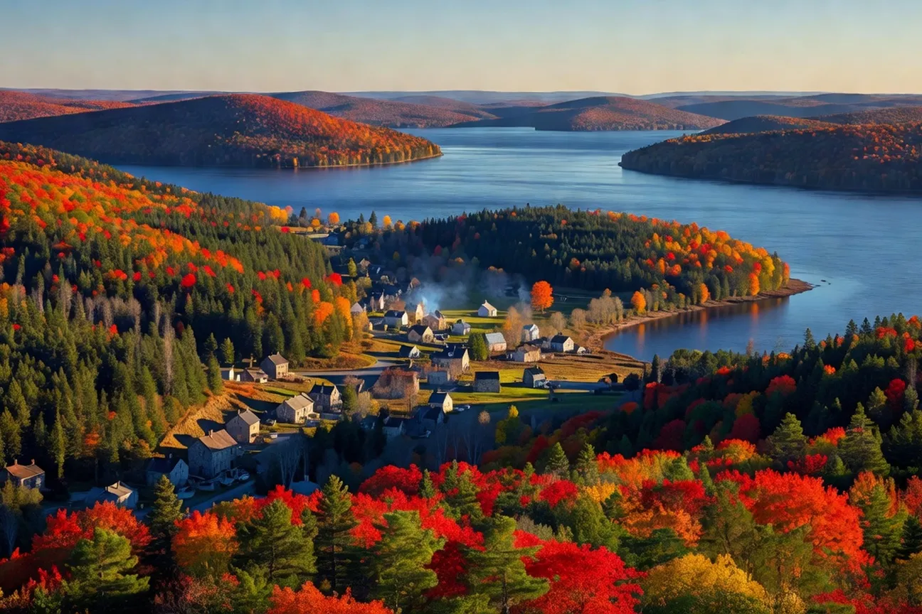 Paysage vallonné de Charlevoix avec le fleuve Saint-Laurent et un village au creux des collines
