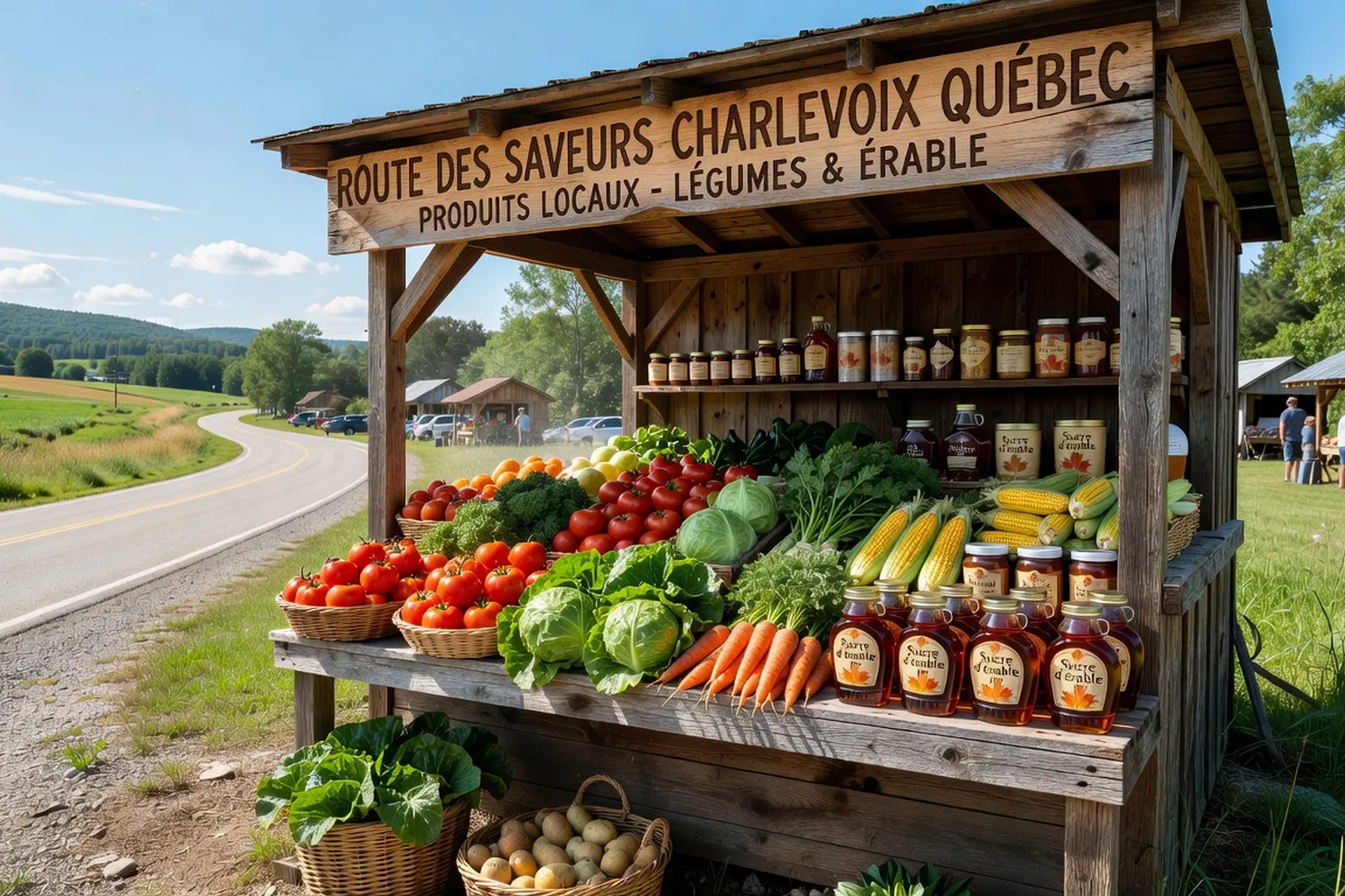 Stand de la Route des Saveurs en Charlevoix, produits locaux et ferme