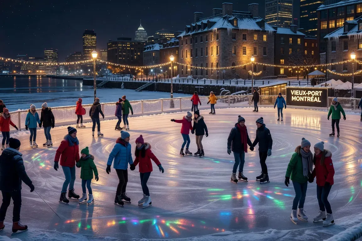 La patinoire du Vieux-Port de Montréal sous les lumières d'hiver