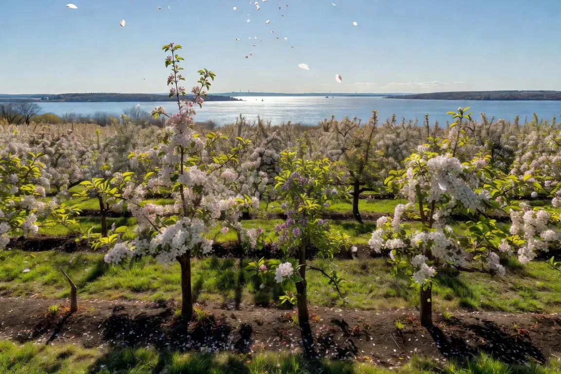 Les vergers en fleurs de l'Île d'Orléans avec le fleuve en arrière-plan