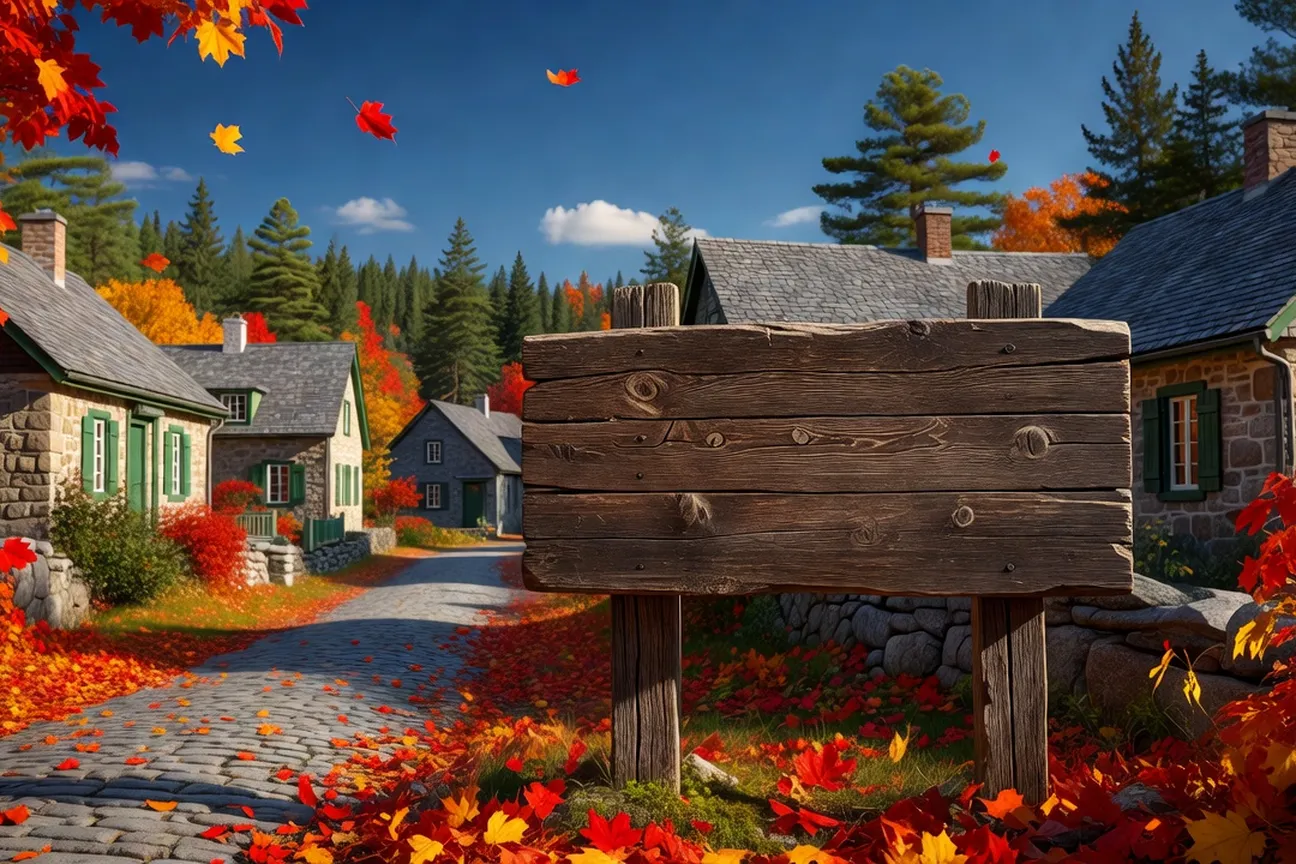 Panneau de bienvenue en bois dans un village québécois sous un ciel d'automne