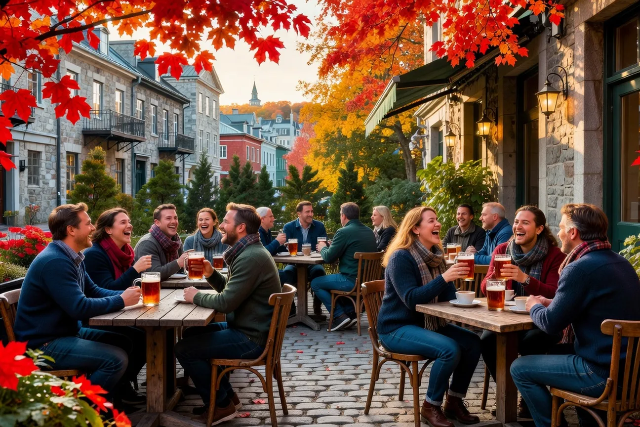 Terrasse animée d'un café au Québec où des amis discutent autour d'une bière