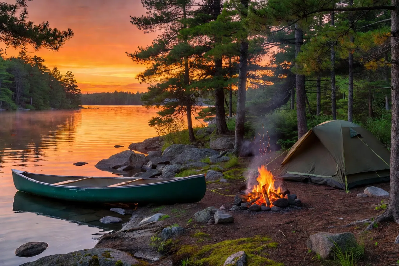 Canot-camping au coucher du soleil sur un lac du Parc de la Mauricie
