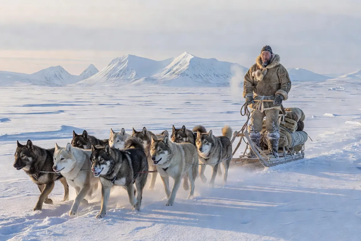 Traîneau à chiens inuits traversant la toundra du Nunavik en hiver