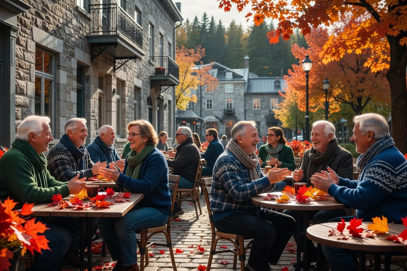 Conversation animée entre habitants sur une terrasse de café au Québec