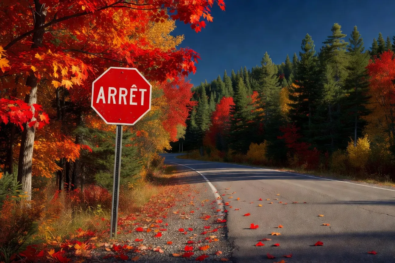 Panneau de signalisation québécois indiquant « Arrêt » sur fond rouge dans un décor automnal