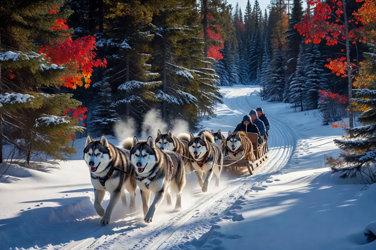 Attelage de huskies tirant un traîneau sur un sentier enneigé du Québec en hiver