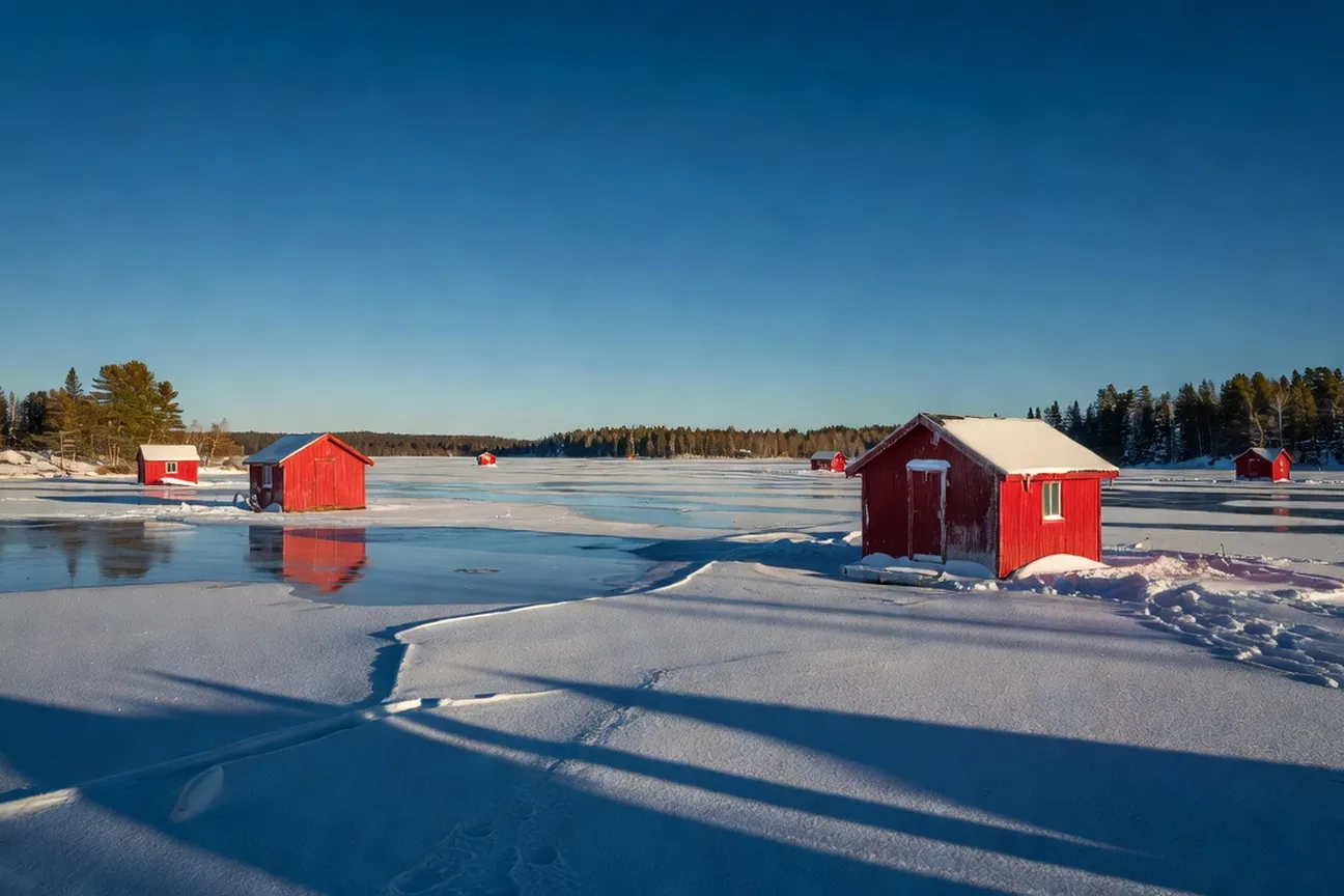 Cabane de pêche blanche sur un lac gelé du Québec sous un ciel d'hiver