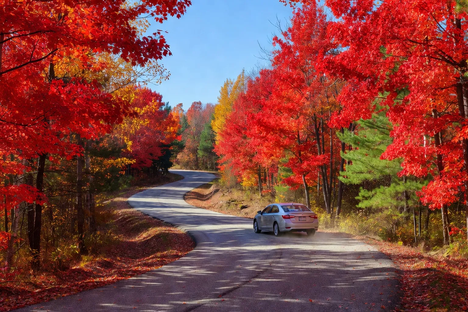 Route d'automne au Québec, érables rouges de chaque côté de la chaussée
