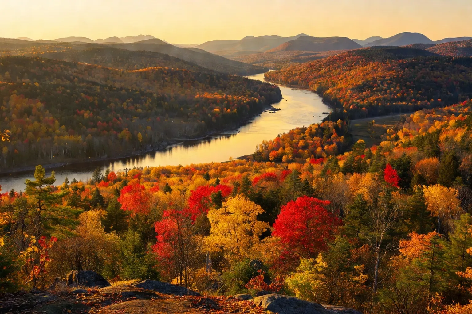 Vue panoramique sur la vallée du Saint-Laurent en automne, Charlevoix