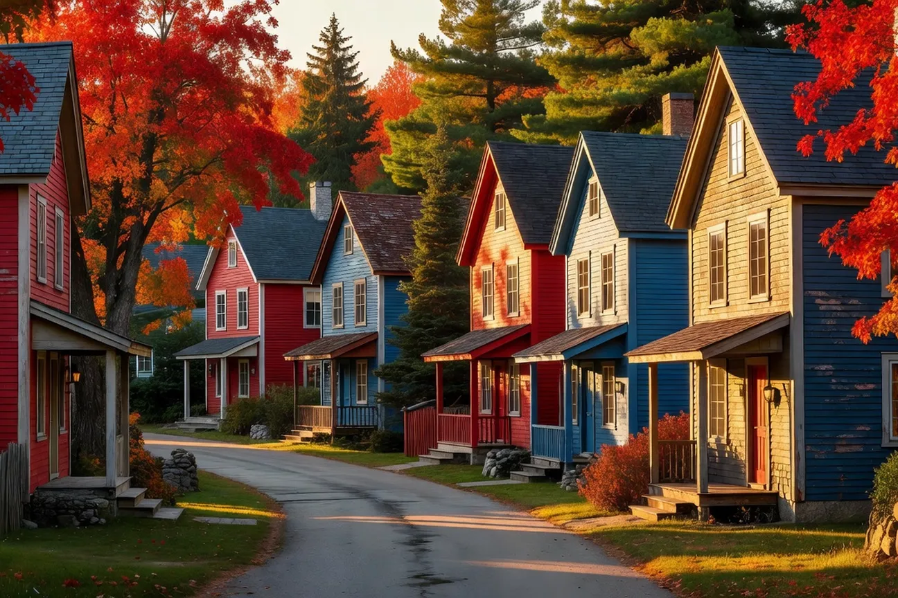 Rue d'un village de Charlevoix aux maisons colorées sous la lumière dorée de l'automne québécois
