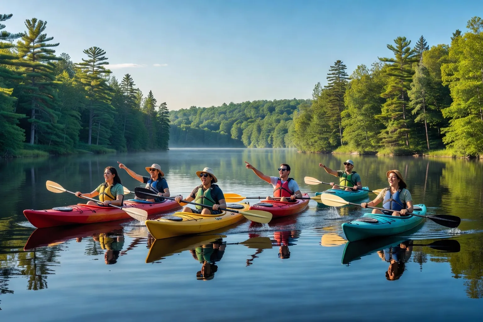Groupe de kayakistes sur un lac québécois en été