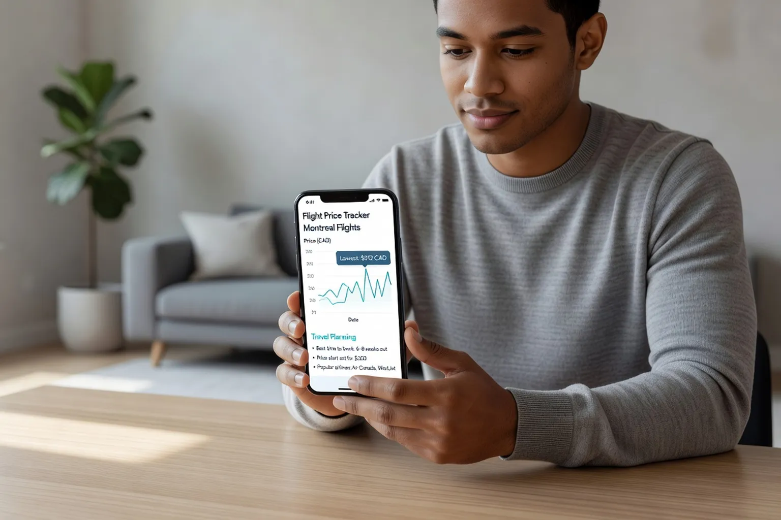 Personne utilisant une application mobile pour suivre les prix des vols Paris-Montréal