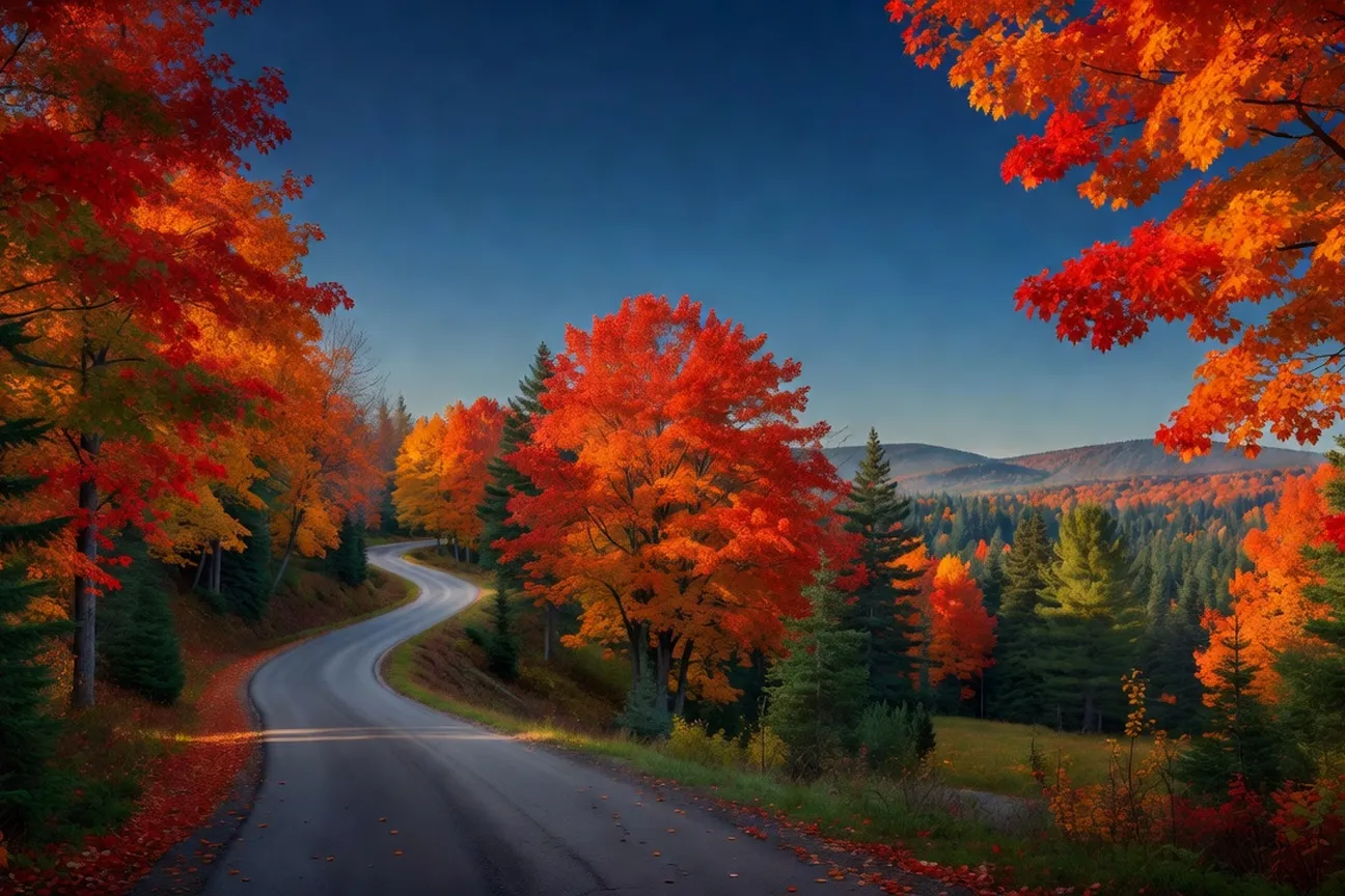 Forêt d'érables aux couleurs flamboyantes de l'automne québécois reflétée dans un lac calme